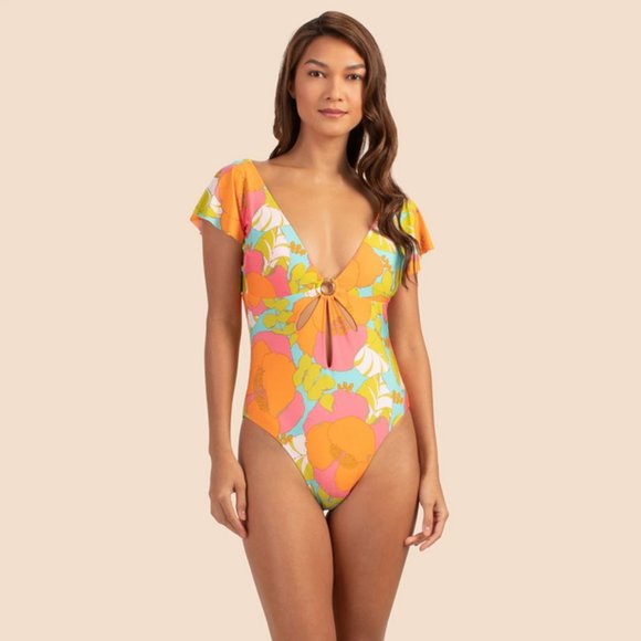 Trina Turk Playa De Flor Flutter Sleeve Maillot One Piece Swim suit Size 12 NWT - Picture 3 of 12